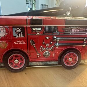 Vintage Style Fire Truck Metal Tin Bank Storage Box Engine Co. No. 5 – Red